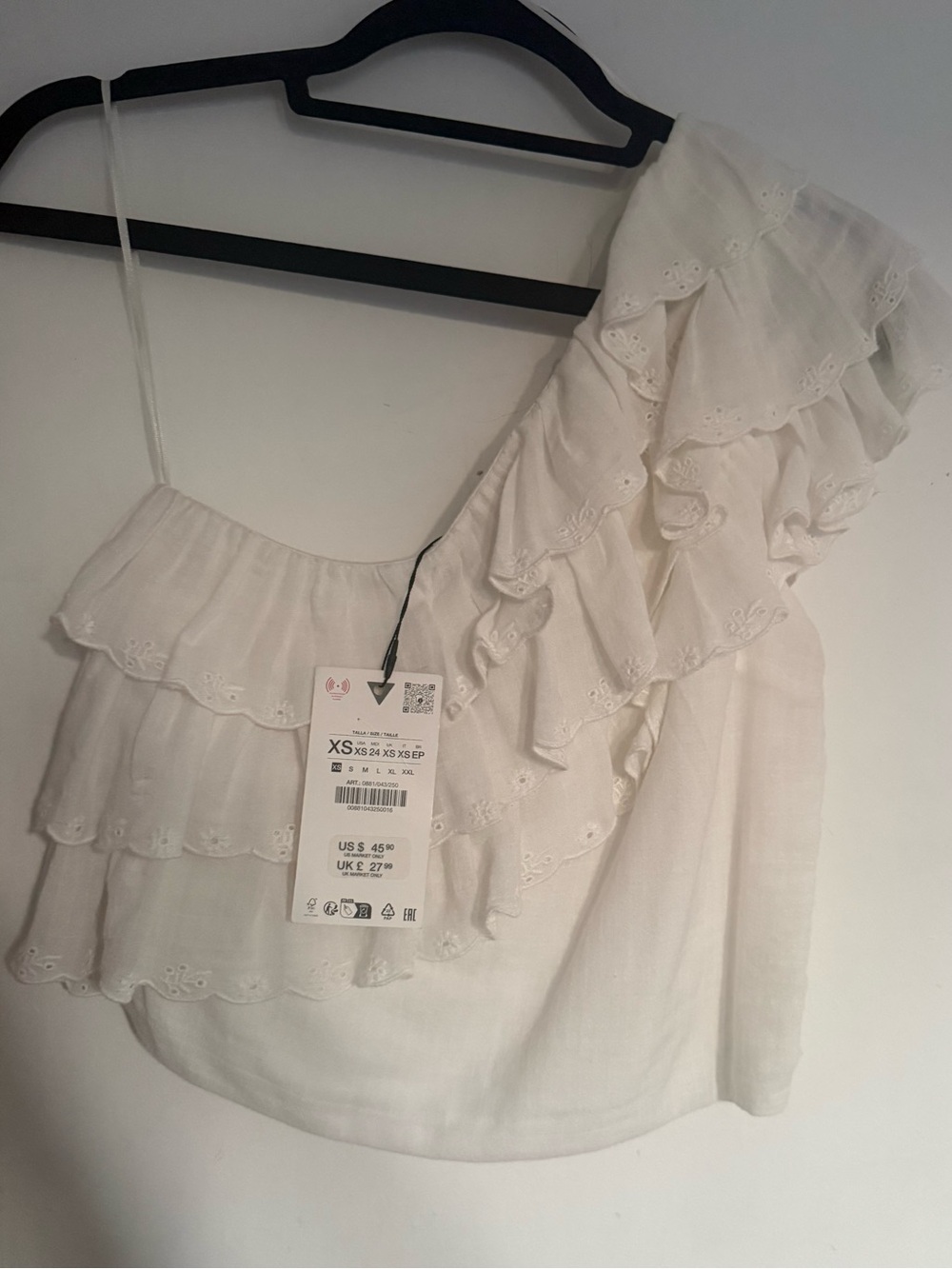 Zara White One-Shoulder Ruffle Eyelet Blouse XS
